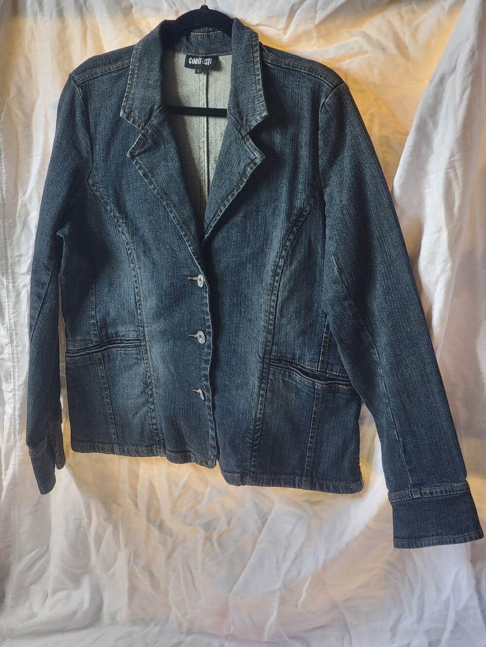 Vintage CONTRAST JEANS Women's Dark Blue Denim Blazer Jacket